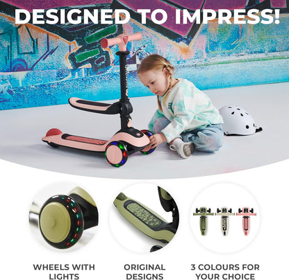 Kinderkraft Scooter Halley 2 em 1 para crianças de 1+ anos até 50 kg, scooter de 3 rodas, bicicleta de equilíbrio, fácil de dobrar, 2 rodas dianteiras piscantes, guidão ajustável, fácil de manusear, pesa apenas 3 kg, verde