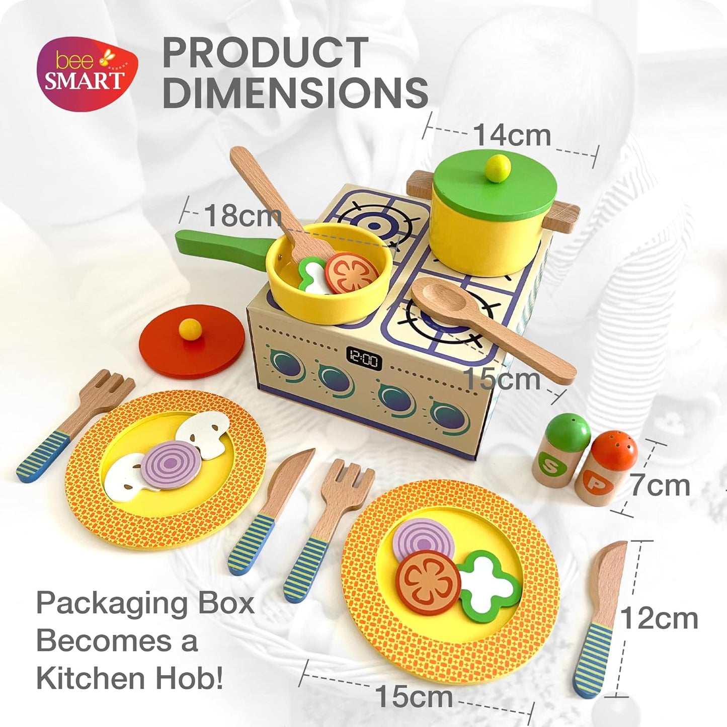 Bee Smart Conjunto de brinquedos de cozinha de madeira | Crianças fingem playset com panelas, alimentos, pratos e utensílios | Acessórios de cozinha Brinquedo para cozinhar e servir para imaginação e dramatização | 22 peças