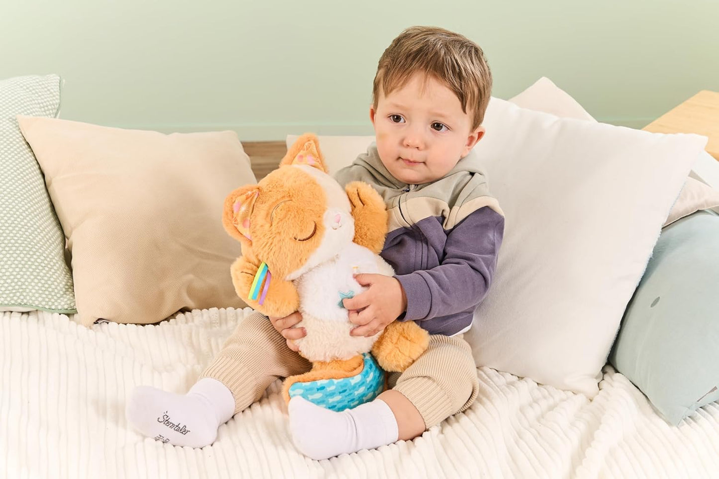 VTech Gatinho ronronante calmante para bebês, gatinho macio e relaxante com 3 modos de brincadeira, sons da natureza, ronronar e movimento de respiração, brinquedo interativo, presente para bebês de 0, 3, 6, 12 meses +, versão em inglês