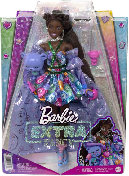 BARBIE Boneca BRAND extra extravagante em vestido estampado de pelúcia com cauda transparente, animal de estimação ursinho de pelúcia, cabelo extra longo e acessórios, juntas flexíveis, brinquedo para crianças de 3 anos, HHN13, multicolorido