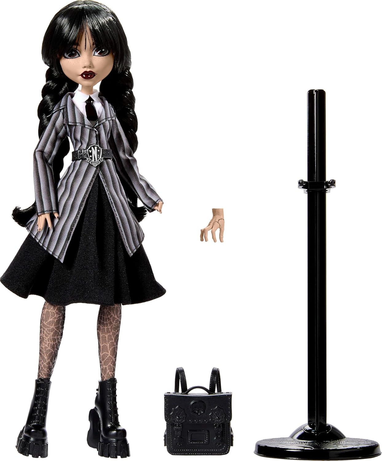 Monster High Boneca e acessórios Wednesday, Wednesday Addams colecionáveis em uniforme da Nevermore Academy com coisa e mochila, carrinho de boneca, HXJ04