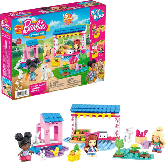 MEGA Conjunto de construção Barbie Farmer's Market - 80 blocos de construção - 3 microbonecas - 6 itens de moda - 4 figuras de animais - adereços de jardim - presente para crianças 4+ - HDJ85