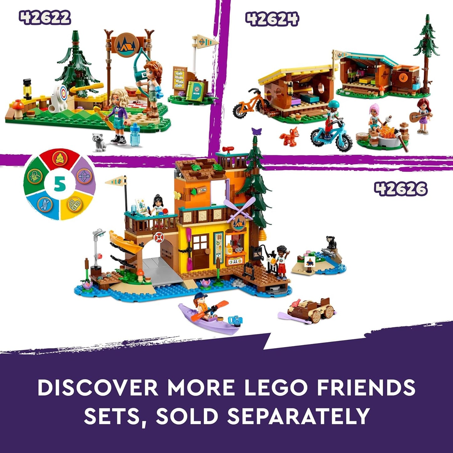 LEGO Friends Adventure Camp Tree House Camping Playset Toy para meninas e meninos de 8 anos ou mais, conjunto de construção, 5 minibonecas e 5 figuras de animais, ideia de presente de aniversário para crianças 42631