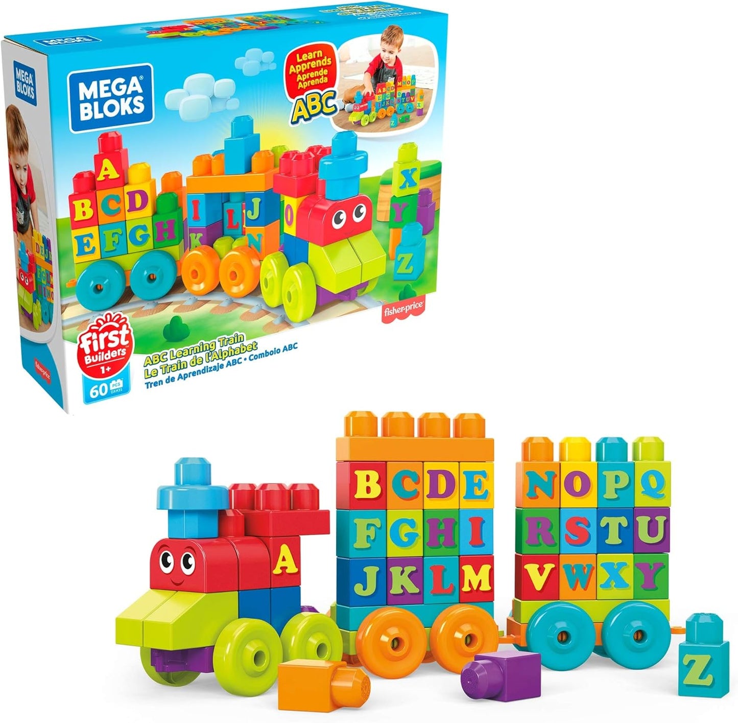 Mega BLOKS Build 'n Learn Conjunto de construção de brinquedo de mesa com 30 blocos de construção grandes e 1 veículo móvel BLOKS Fisher Price Building Toy ABC Blocks, ABC Learning Train Brinquedo de aprendizagem para crianças de 1 a 3 anos