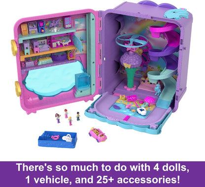 Polly Pocket Pollyville, conjunto de brinquedos Resort Roll Away com rodas giratórias, 5 áreas de lazer, 4 bonecas Polly Pocket, 1 veículo Polly Pocket, 30 acessórios de brinquedo, brinquedos para maiores de 4 anos, HKV43