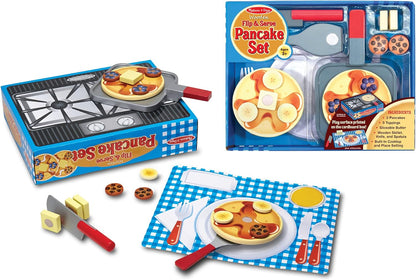 Melissa &amp; Doug Flip and Serve Pancake Set (19 piezas) - Comida de madera para desayuno, color marrón