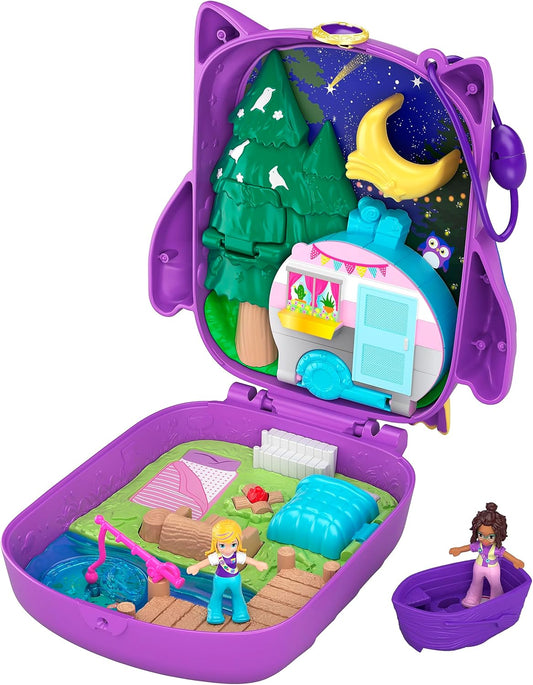 Polly Pocket Pocket World Owlnite Campsite compacto com revelações divertidas, bonecas Micro Polly e Shani, barco e folha de adesivos; Para maiores de 4 anos, GKJ47