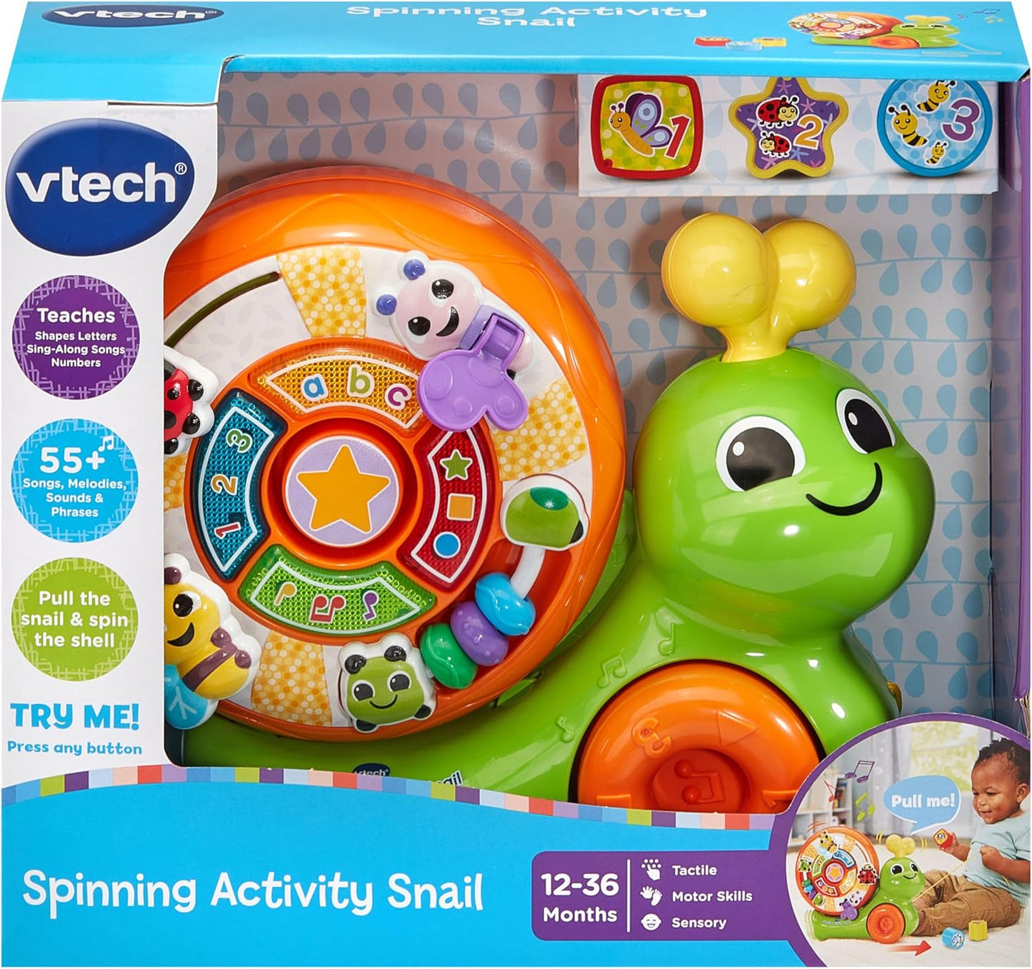 VTech Baby Spinning Actividad Caracol, 4 Botones Iluminados Enseña Letras, Números, Formas y Colores, Tablero de Actividades con Manipuladores y Clasificador de Formas, Juguete Interactivo para 12, 24 Meses+, Versión en Inglés