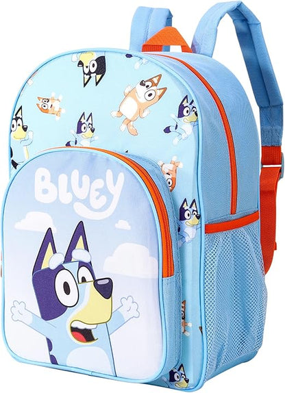 Bluey Mochila infantil premium mochila escolar mochila de viagem meninos meninas com bolso lateral de malha e bolso frontal com zíper