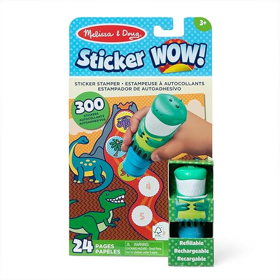 Melissa & Doug Sticker WOW!™ Carimbo de adesivos e bloco de atividades de 24 páginas, 300 adesivos, artes e ofícios Fidget Toy Personagem colecionável - Dinossauro - Brinquedo de viagem criativo para meninas e meninos 3+