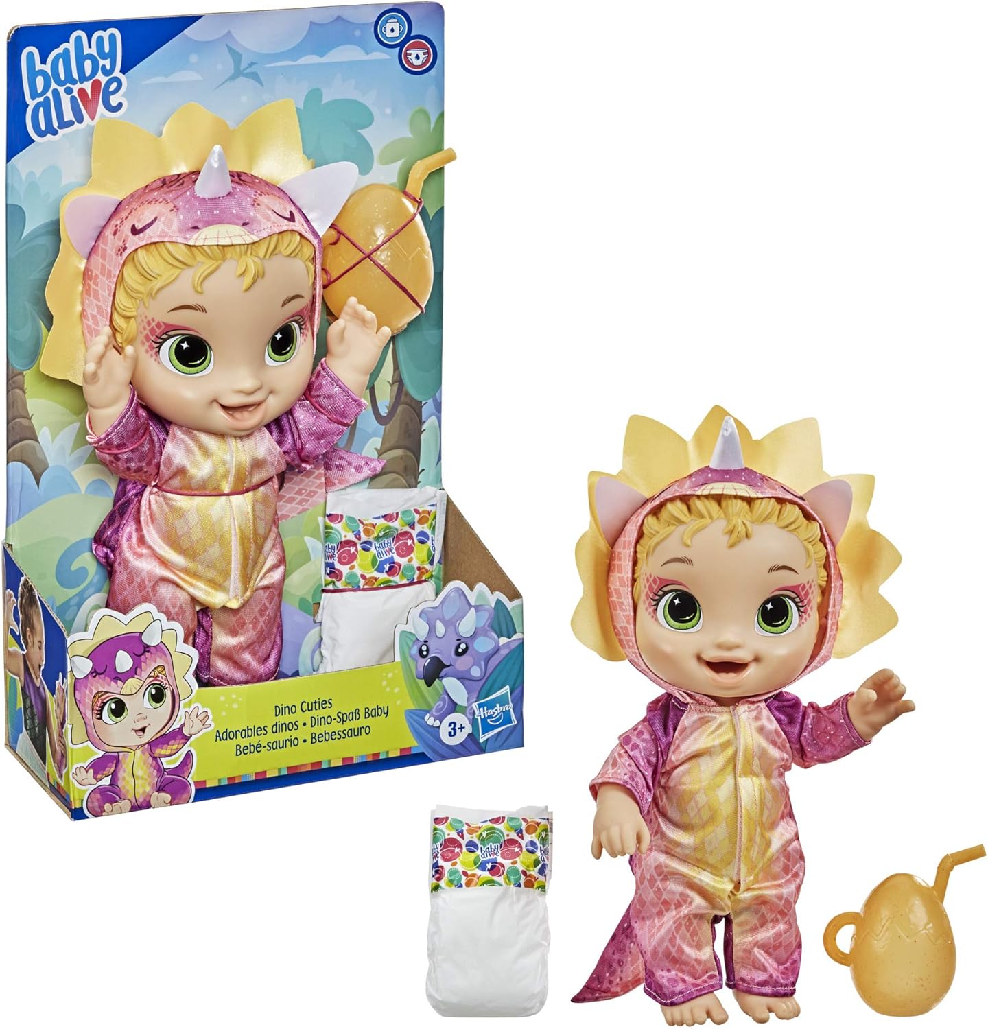 Boneca Baby Alive Dino Cuties, Triceratops, acessórios para bonecas, bebidas, molhados, brinquedo de dinossauro Triceratops para crianças de 3 anos ou mais, cabelo loiro