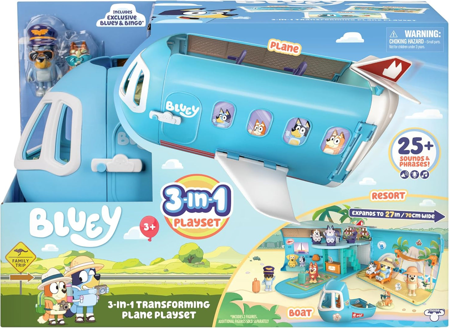 Bluey Conjunto de avião transformador 3 em 1, transforma-se de avião em resort e barco! Abre para expandir para um conjunto de resort de férias de 27 polegadas/70 cm de largura, mais de 25 sons e frases