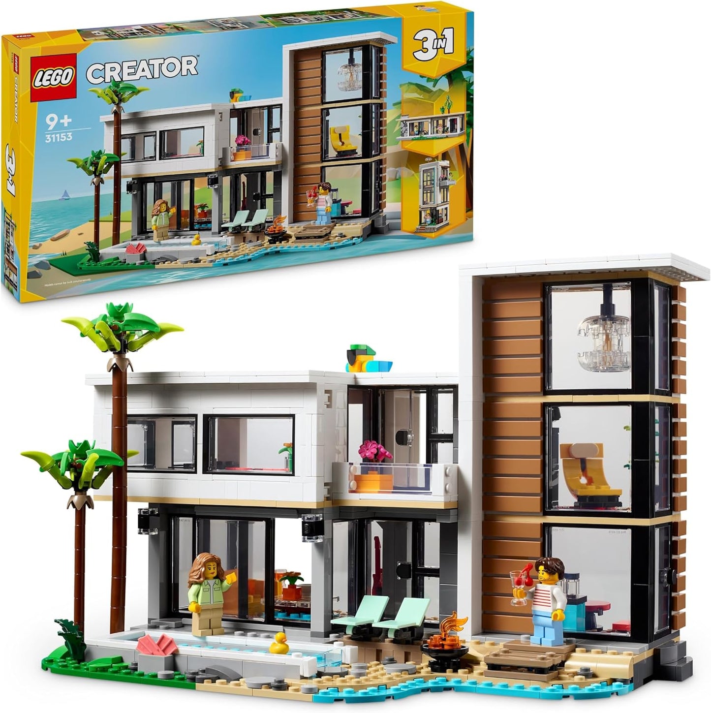 LEGO Conjunto de casa moderna 3 em 1 para construção urbana de 3 andares e cabana na floresta, kit de construção de modelo para crianças, ideia de presente para meninos e meninas de 9 anos ou mais 31153