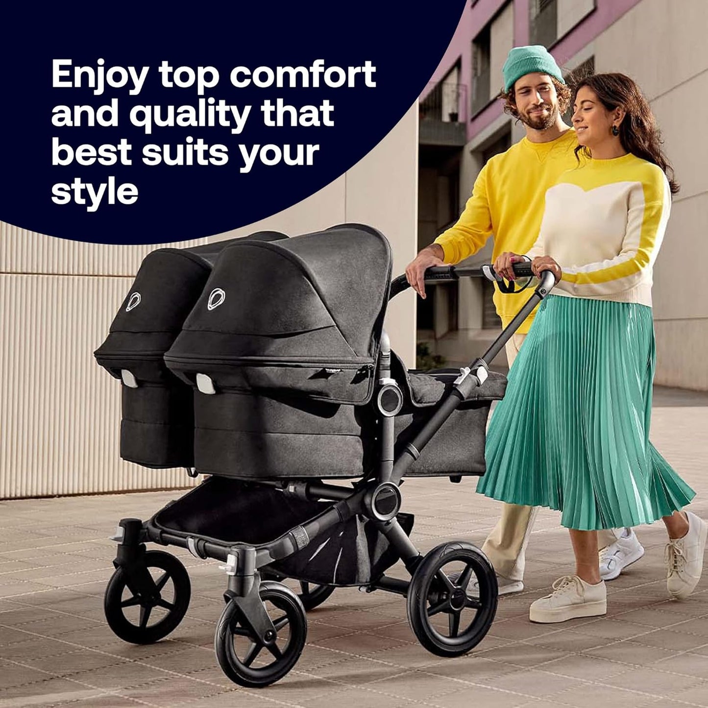 Conjunto de extensão Twin Bugaboo Donkey 5, converte seu Donkey 5 Mono em um carrinho duplo, lado a lado, design aprimorado, assento reversível e direção com uma mão, preto meia-noite