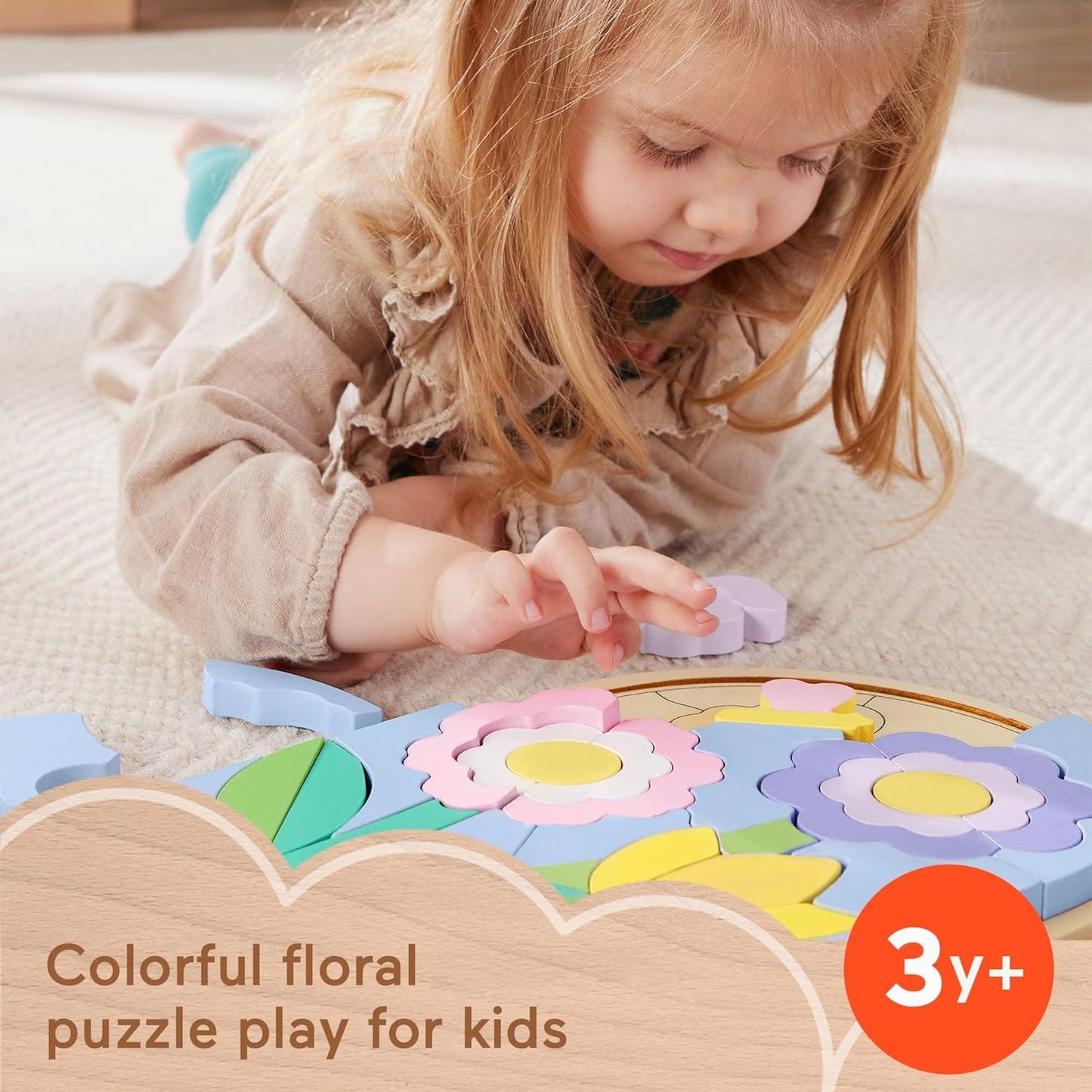 Fisher-Price Quebra-cabeça de flores de madeira para brinquedo pré-escolar, conjunto de empilhamento de madeira de 37 peças para jogos de desenvolvimento com mais de 3 anos de idade, HXT97