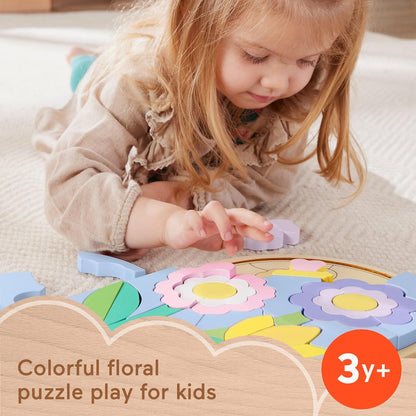 Fisher-Price Quebra-cabeça de flores de madeira para brinquedo pré-escolar, conjunto de empilhamento de madeira de 37 peças para jogos de desenvolvimento com mais de 3 anos de idade, HXT97