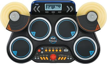 VTech Bateria Kidi DJ, kit de bateria eletrônica iluminada para crianças, com 4 baterias, 2 pratos, baquetas, Bluetooth, modo treinador e muito mais, brinquedo musical para idades de 5, 6, 7 anos ou mais, versão em inglês