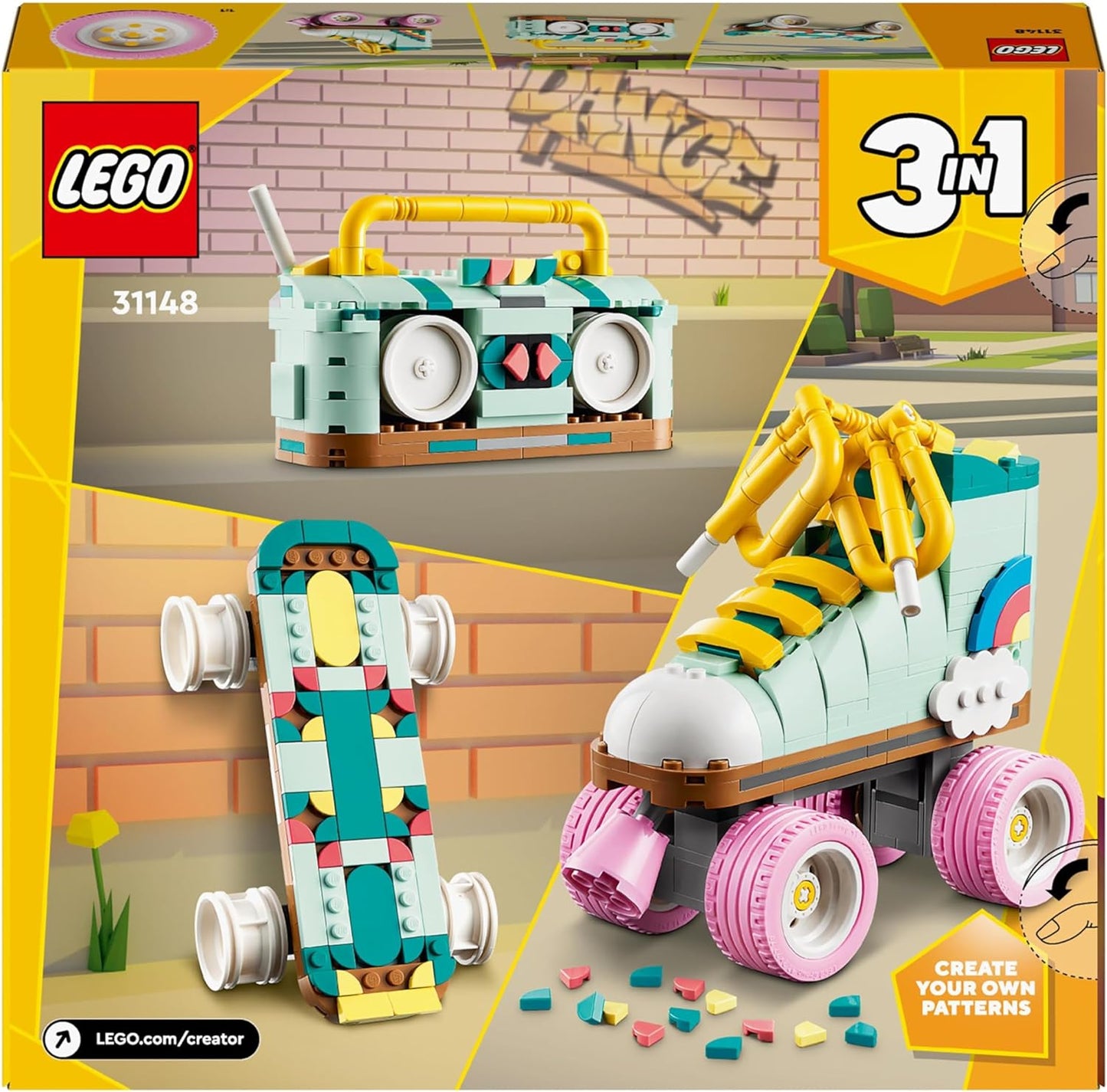 LEGO Creator 3 em 1 Retro Roller Skate para Mini Skate Toy para Boom Box Radio, conjunto para meninas, meninos e crianças de 8 anos ou mais, ótima decoração de mesa ou acessórios de quarto, presentes para amantes de música 31148