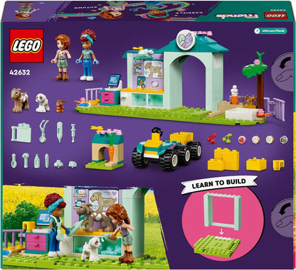 LEGO Conjunto de clínica veterinária de animais de fazenda Friends com trator de brinquedo para meninas, meninos e crianças de mais de 4 anos, inclui coelho, figuras de cabra, 2 personagens de miniboneca e elementos de comida para