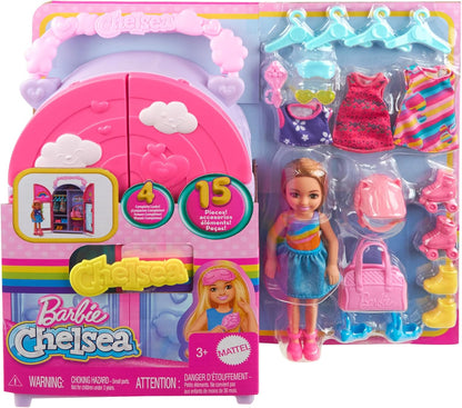 Barbie Chelsea Doll & Closet Toy Playset com 15 peças de roupas e acessórios incluídos, conjunto dobrável para brincar e armazenar em qualquer lugar, HXN03