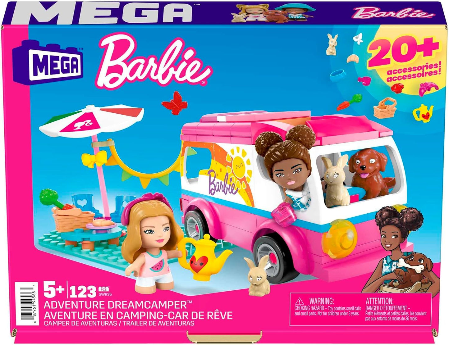 MEGA Barbie Camper Building Toy Vehicle Playset, Adventure DreamCamper com 123 peças, 2 microbonecas, acessórios, animais de estimação e móveis, GWR35, multicolorido, 20,5 x 26 x 5 cm