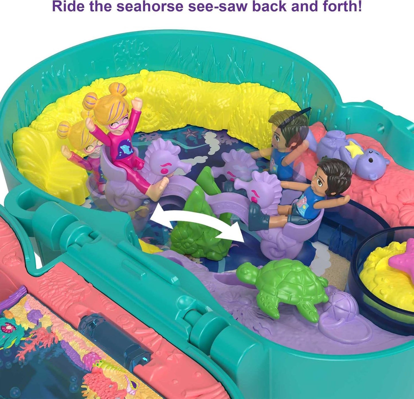 Polly Pocket Otter Aquarium Compact, Toy Surprises, 12 acessórios para brinquedos pop e swap, 2 bonecas Polly Pocket, brinquedos para maiores de 4 anos, um playset Polly Pocket, HCG16