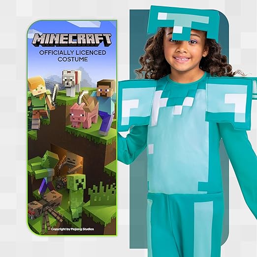 DISGUISE Fantasia oficial de Minecraft para crianças, armadura de diamante Fantasia de Minecraft, roupa de fantasia, Halloween, aniversário, dia mundial do livro, fantasias para meninos e crianças