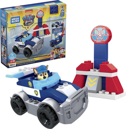 Mattel Mega Bloks PAW Patrol Chase's City Police Cruiser, 1 figura articulada de Chase, 30 mini blocos de construção, brinquedos de construção para crianças, maiores de 3 anos, GYJ00,