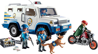 Playmobil 71597 Action Heroes: Police Money Transporter, thrilling heist chase, including three police officers, a crook on a motorcycle, and a police dog, play sets suitable for children ages 4+