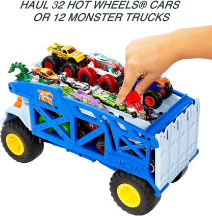 Hot Wheels Monster Trucks Monster Mover Rhino, Toy Car Hauler, comporta 12 Monster Trucks em escala 1:64 ou 32 Hot Wheels, com lançamento de rampa, presente para crianças de 3 anos ou mais, HFB13