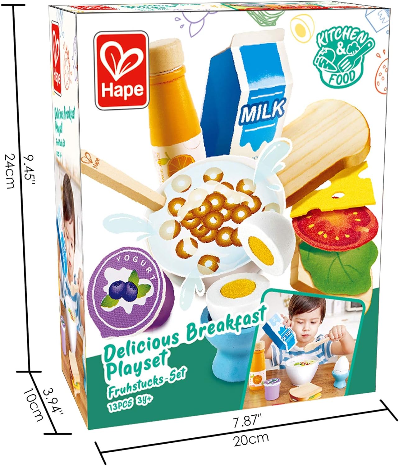 Hape E3172 Delicioso café da manhã Playset Food Set com colher de brinquedo para fingir brincar | 3+ anos, colorido