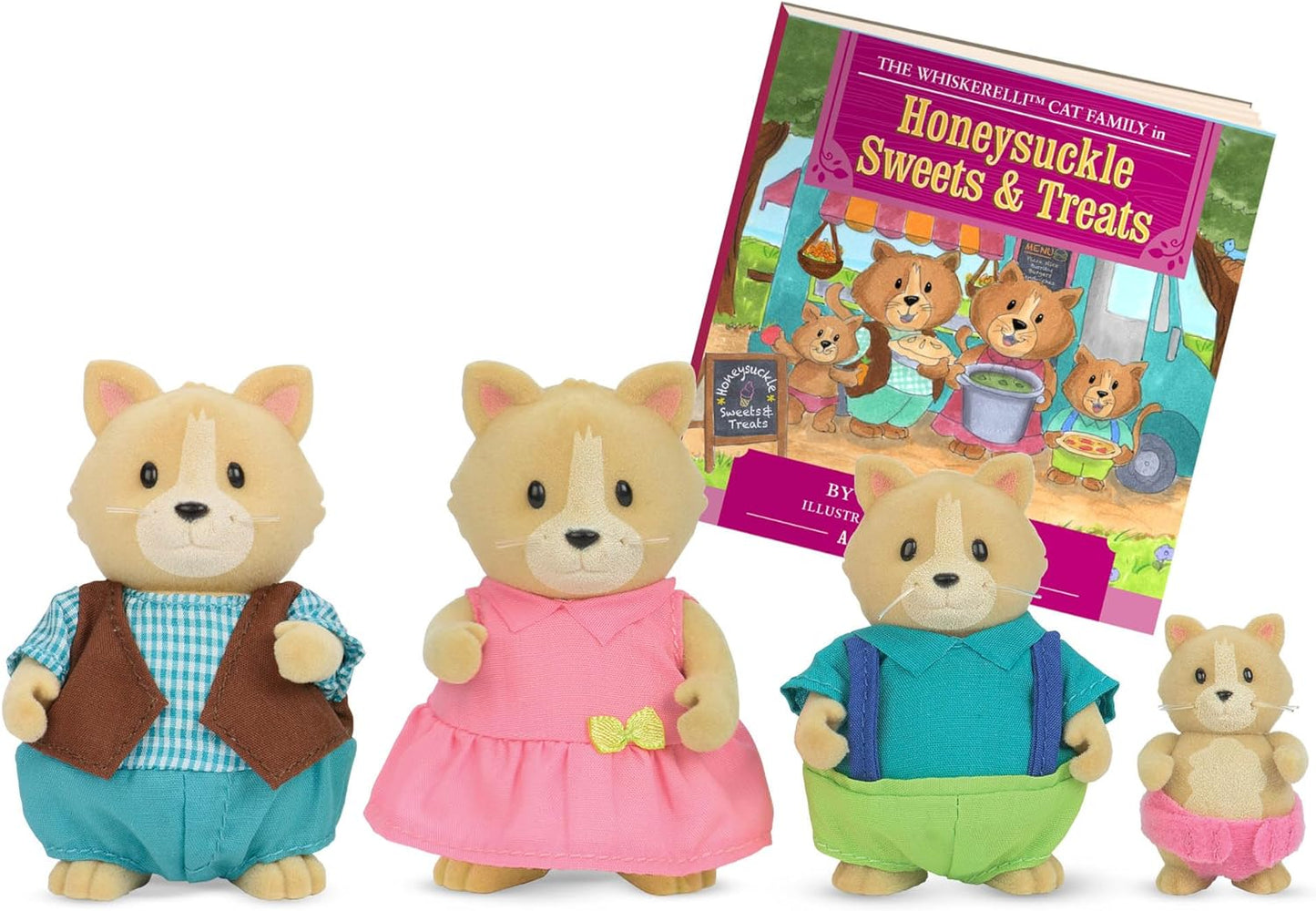 Li’l Woodzeez – Família de gatos Whiskerelli – Conjunto de brinquedos de 5 peças com estatuetas de animais em miniatura e livro de histórias – Brinquedos e acessórios de animais para crianças a partir de 3 anos