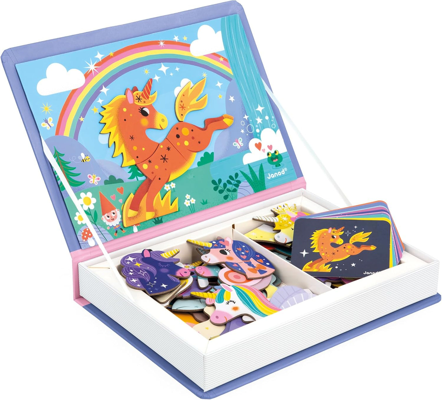 Janod - Magnéti'Book Unicorns - Juego educativo de 44 imanes con 10 cartas modelo - Juguete infantil de cartón FSC - Desarrolla la destreza y la imaginación - A partir de 3 años