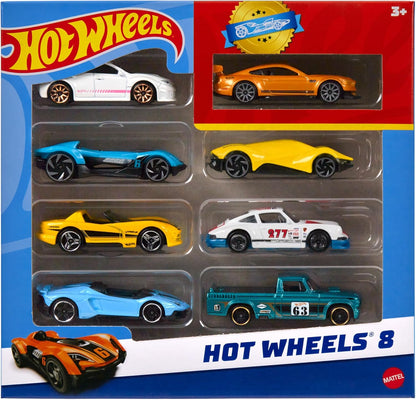 Hot Wheels Conjunto de 8 carros e caminhões de brinquedo básicos em escala 1:64, inclui 1 carro exclusivo, diferentes mixagens lançadas ao longo do ano, os estilos podem variar, HPV78