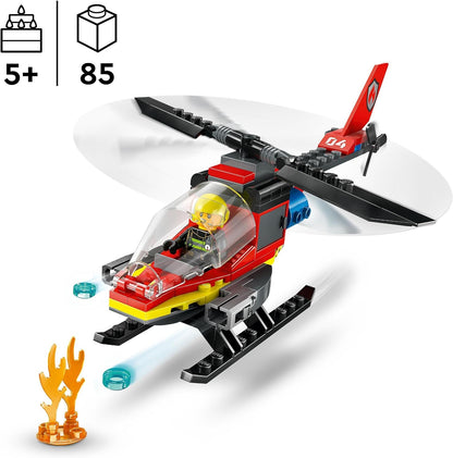 LEGO  Brinquedo de helicóptero de resgate de bombeiros urbanos para meninos e meninas de 5 anos ou mais, conjunto de construção de veículos com minifigura piloto de bombeiro, presente de brincadeira imaginativo para crianças 60411