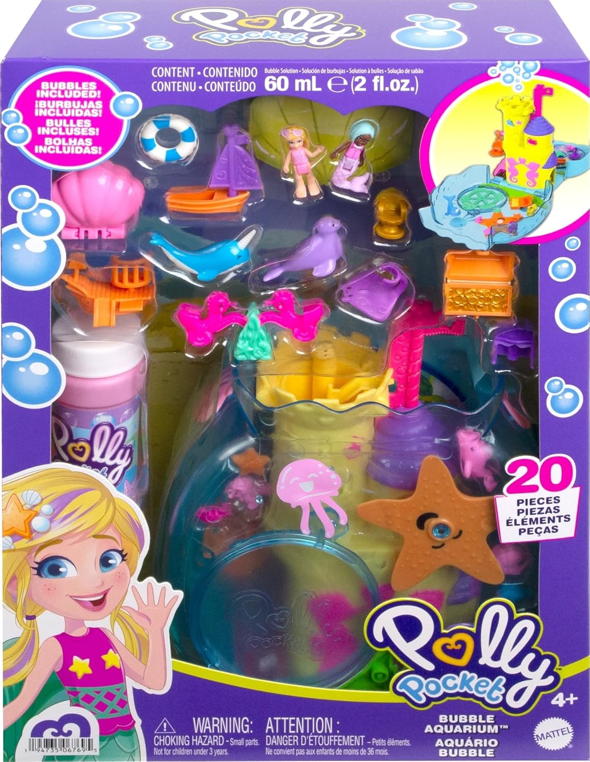 Polly Pocket Aquário Bubble com tema subaquático, 2 recursos para fazer bolhas, piscina, boneca Micro Polly e sereia, solução para bolhas e 18 acessórios, recurso pop e swap, presente para maiores de 4 anos