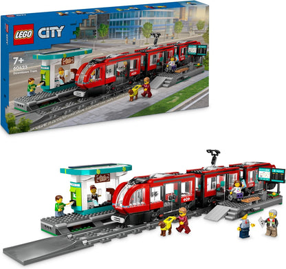 LEGO Conjunto de brinquedos de construção de veículos de estação e bonde City Downtown para crianças, meninos e meninas de mais de 7 anos, com 6 minifiguras e uma figura de cão-guia para dramatização, ideia de presente de aniversário,