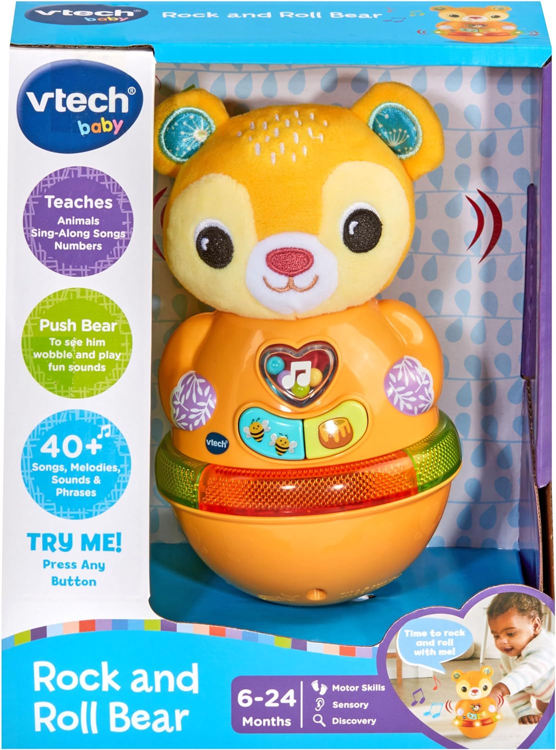 VTech Baby Rock and Roll Bear, brinquedo oscilante interativo com sensor de movimento para brincadeiras de causa e efeito, frases, sons e músicas para habilidades sensoriais e motoras, para bebês de 6, 9, 12, 18 meses +, versão em inglês