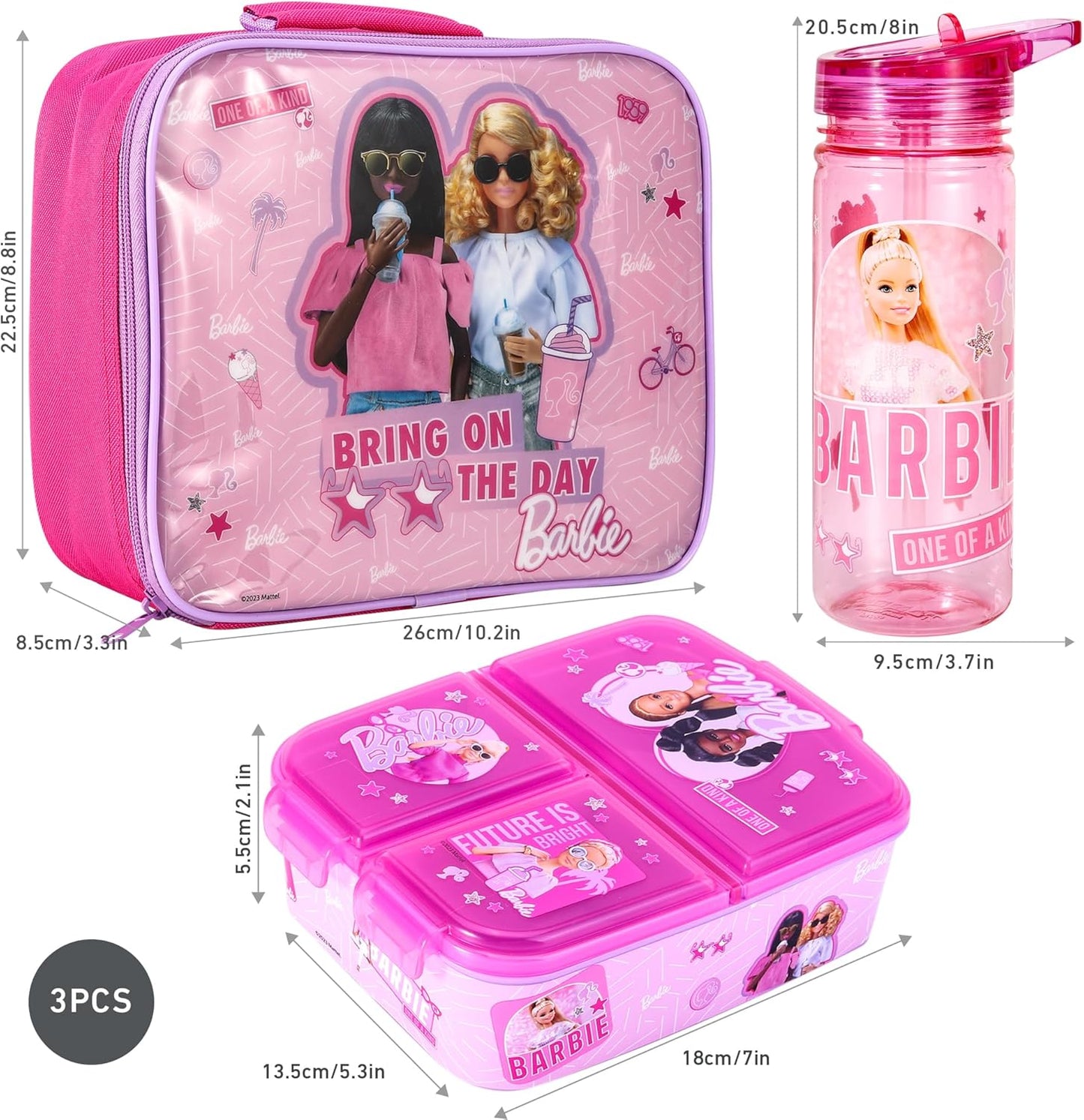 Zawadi Global Conjunto de lancheira infantil Barbie Kids - lancheira isolada, lancheira com vários compartimentos e garrafa de água de 580 ml - conjunto de comida para almoço de viagem escolar,