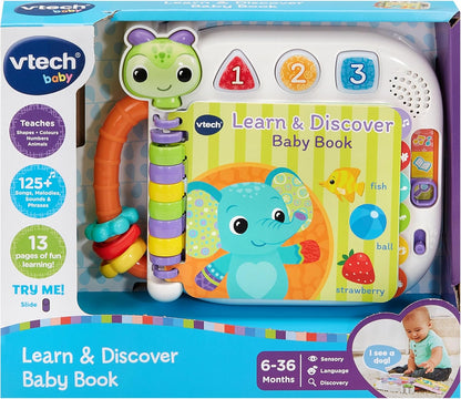 VTech Baby Learn & Discover Baby Book, livro interativo com 3 modos e 13 páginas fáceis de limpar, melodias e frases, ensina animais, cores e formas, brinquedo para bebês de 6, 12, 24 meses +, versão em inglês