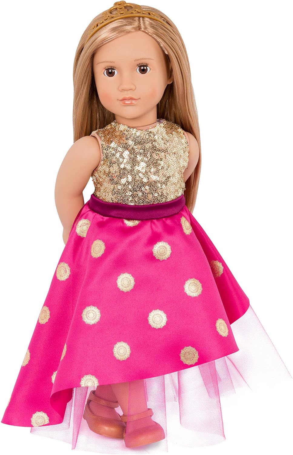 Muñeca Sarah Girl de Our Generation – Muñeca de moda con temática de princesa de 18 pulgadas con tiara y vestido brillante – Incluye juego de ropa de 4 piezas