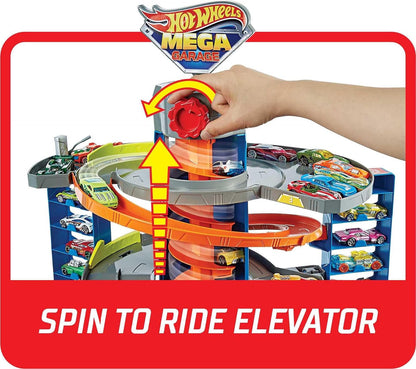 Hot Wheels City Mega Garage Playset com elevador saca-rolhas e armazenamento para mais de 60 carros, inclui 1 veículo Hot Wheels escala 1:64, presente para crianças de 4 anos ou mais, HFH03