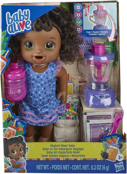 Baby Alive Magic Mixer Baby Doll Blueberry Blast con accesorios para licuadora, bebidas, mojados, comidas, juguete de pelo negro para niños de 3 años en adelante