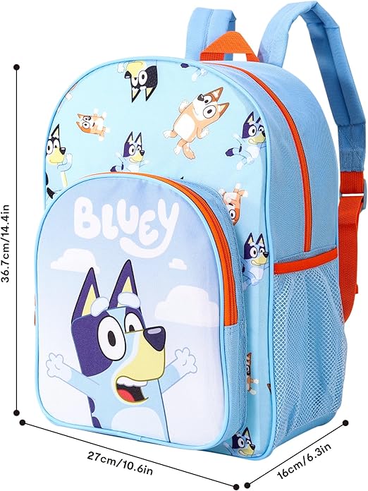 Bluey Mochila infantil premium mochila escolar mochila de viagem meninos meninas com bolso lateral de malha e bolso frontal com zíper