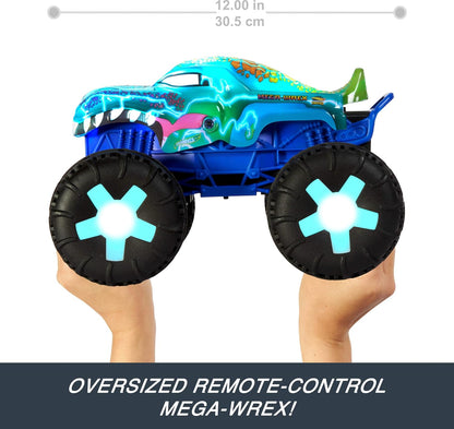 Hot Wheels Carro de controle remoto Monster Trucks, escala 1:15 Mega-Wrex Alive Veículo RC movido a bateria com luzes e sons