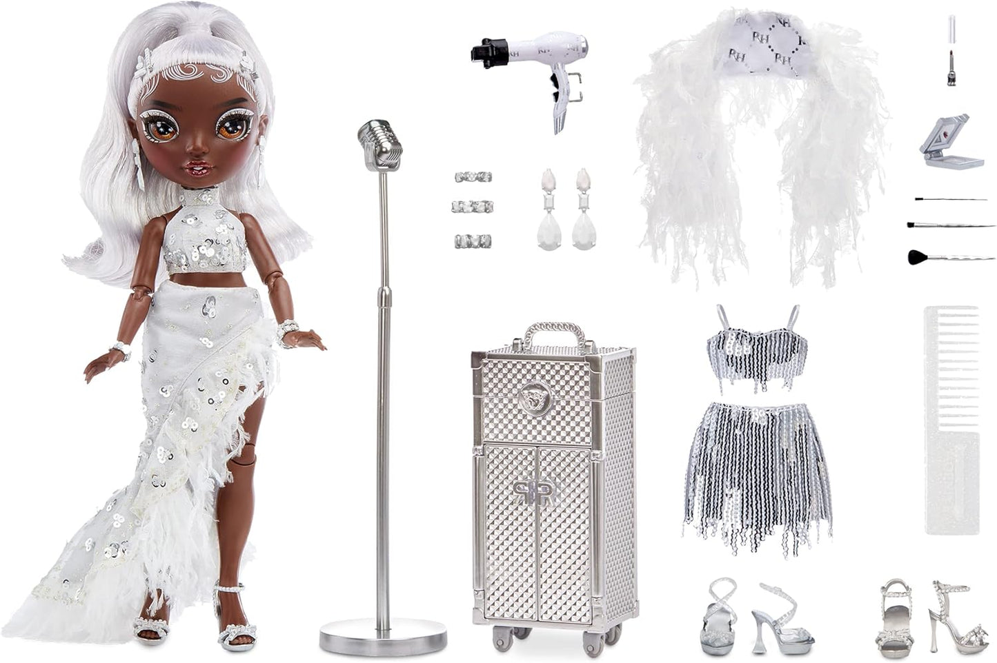 Rainbow High Rainbow Vision Divas - AYESHA STERLING - Plata - Muñeca de moda, trajes de diseñador para mezclar y combinar, micrófono, accesorios y juego de tocador - Para niños y coleccionistas de 6 años en adelante