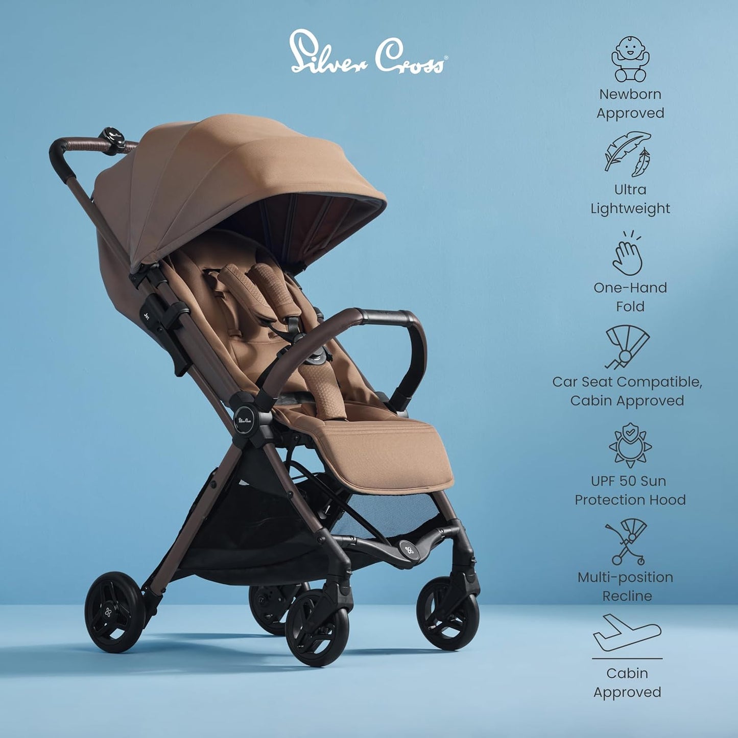 Silver Cross - Cochecito compacto Jet 5 - Cochecito de viaje - Cochecito/sistema de viaje plegable y ligero - Tamaño de cabina - Compatible con asiento de coche - Recién nacido hasta 4 años - Canela