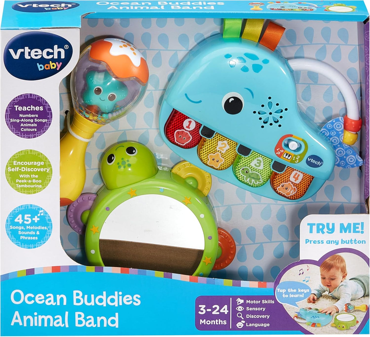 VTech Baby Ocean Buddies Animal Band, 3 instrumentos musicais interativos com sons e frases, ensina animais e cores, brinquedo musical, presente para bebês de 3, 6, 12, 18 meses ou mais, versão em inglês