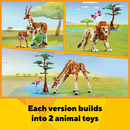 LEGO Criador 3 em 1 animais selvagens de safari, brinquedo de girafa para figuras de gazela para modelo de leão, conjunto para crianças, meninas e meninos de 9 anos ou mais, inclui flamingo e borboleta, presentes da natureza