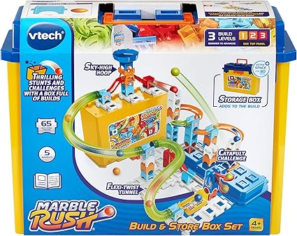 VTech Marble Rush Juego de construcción y caja de almacenamiento, juego de construcción para niños, 5 canicas y 62 piezas de construcción, pista de canicas con lanzador, juguete de construcción, juego de pistas para mayores de 4, 5 y 6 años